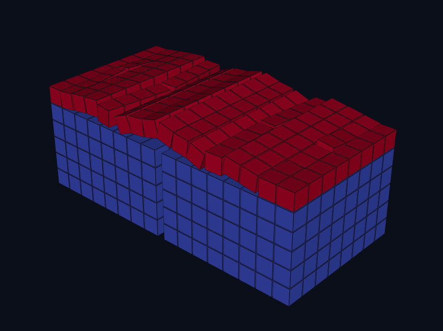 Brittle coating (red) cracking on an alloy crystal (blue)