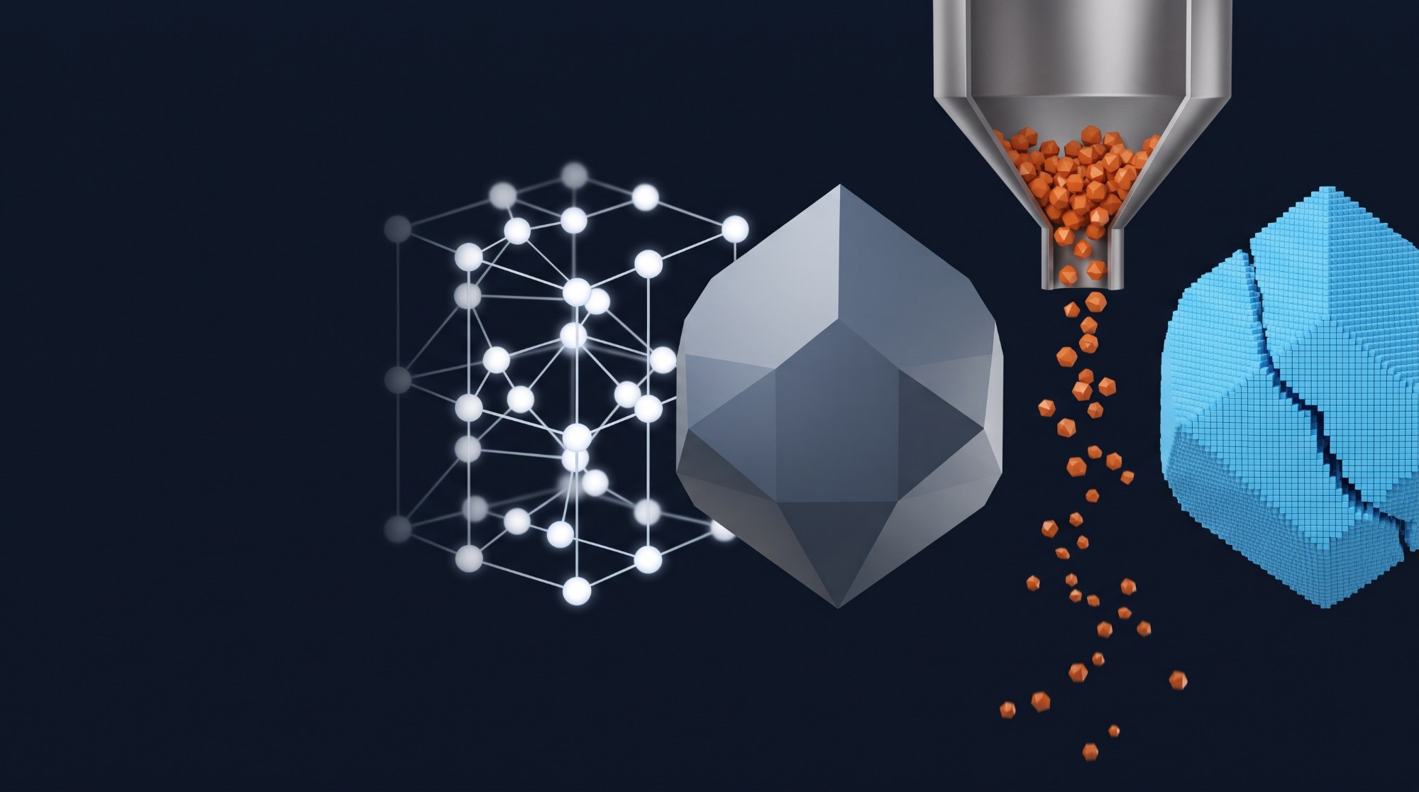 Crystal lattice, crystal particle, particles from a hopper and a cracked bonded Element body