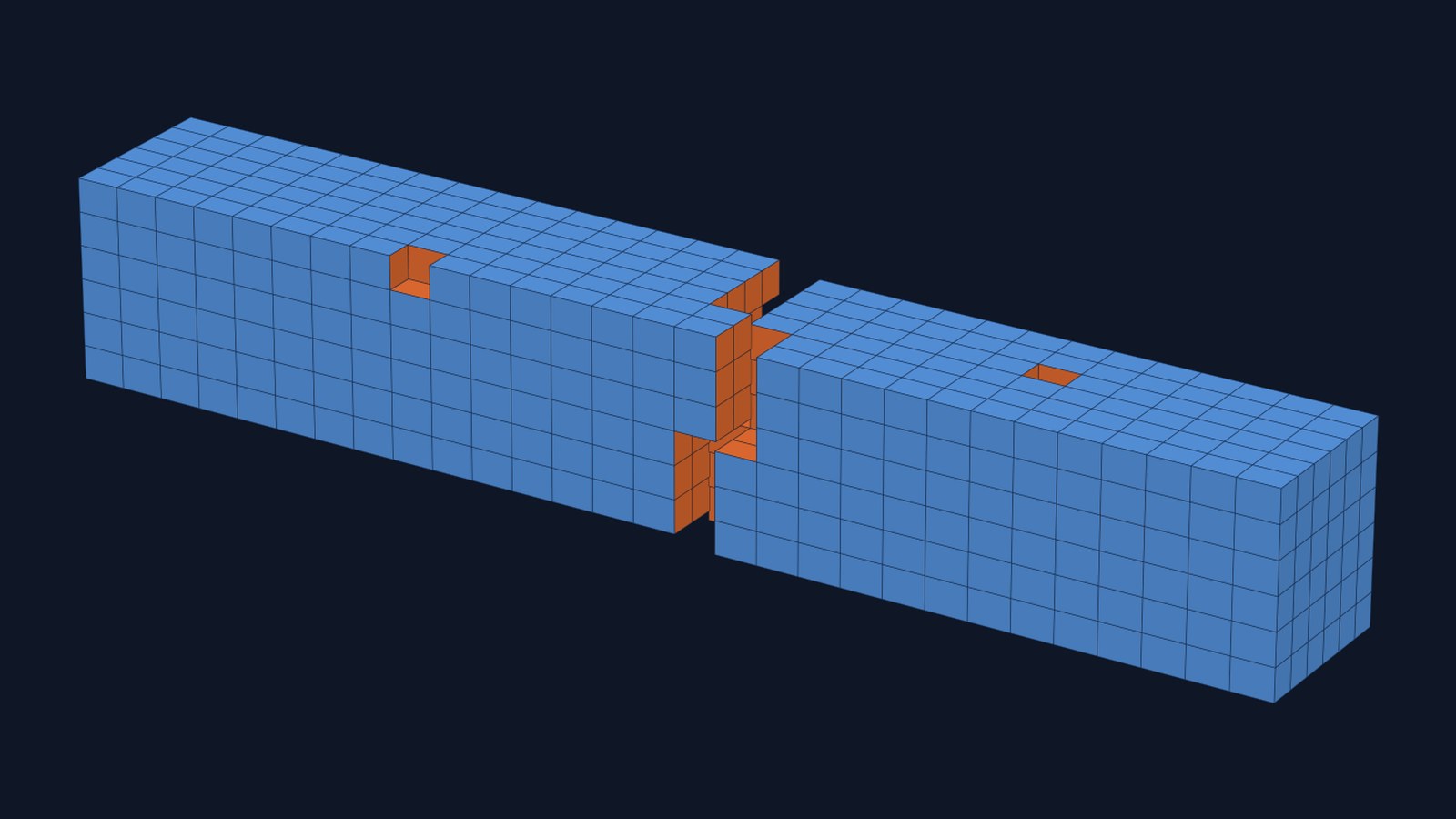 That particle as a lath of bonded Elements, breaking along element faces through two defects