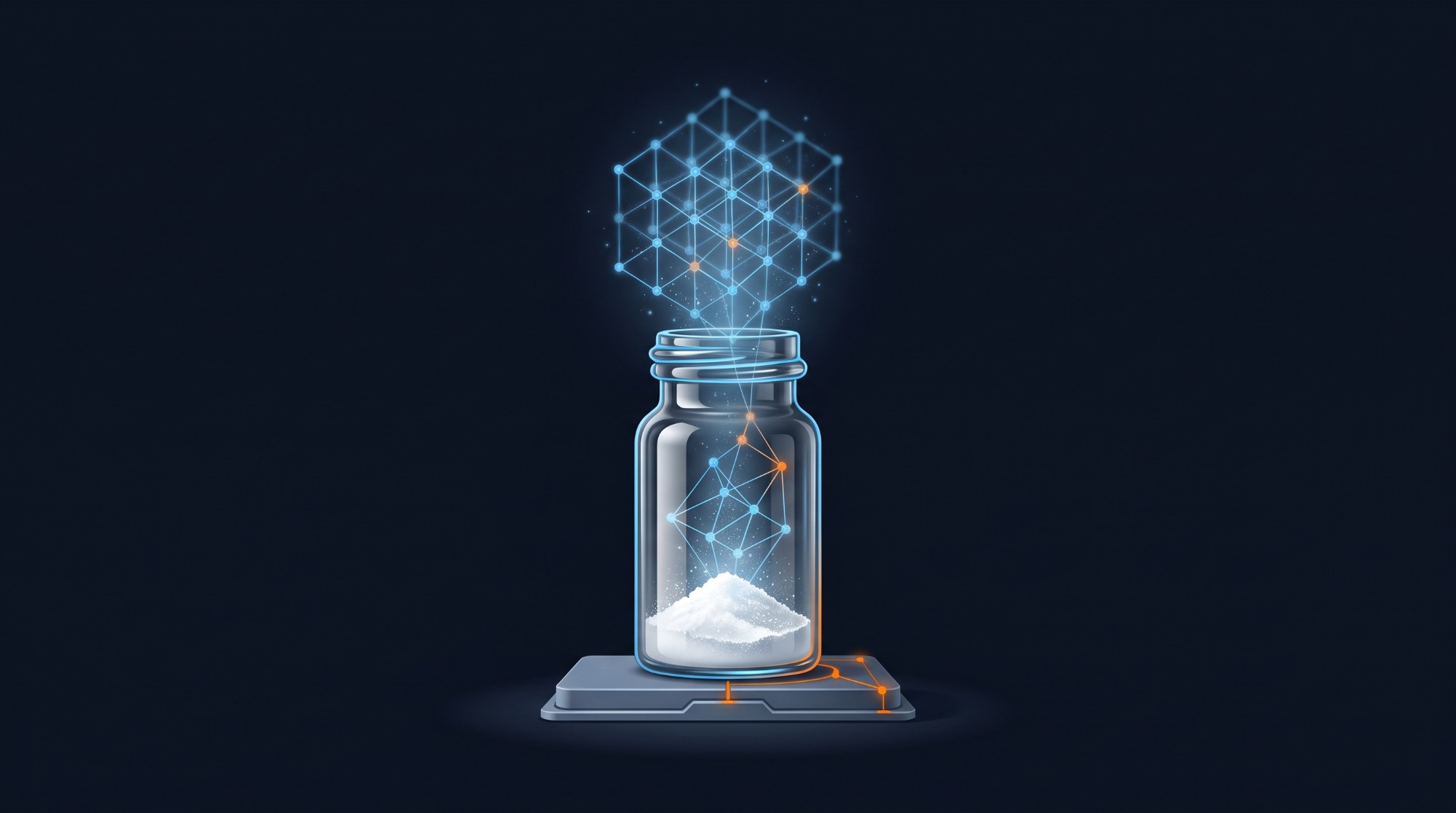 Glass vial with a few grams of powder and a crystal lattice rising from it
