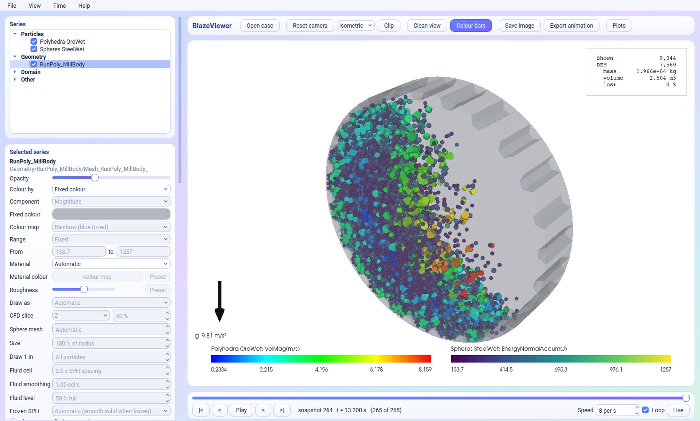 BlazeViewer showing a mill charge of polyhedral ore and steel balls