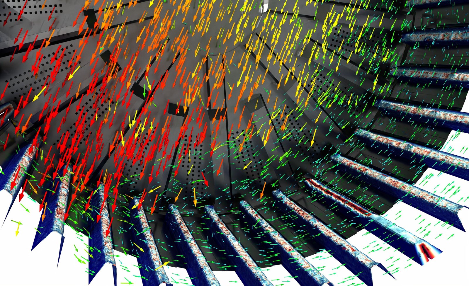 Inside a full mill: worn solid element lifters coloured by wear, with the charge velocity vectors