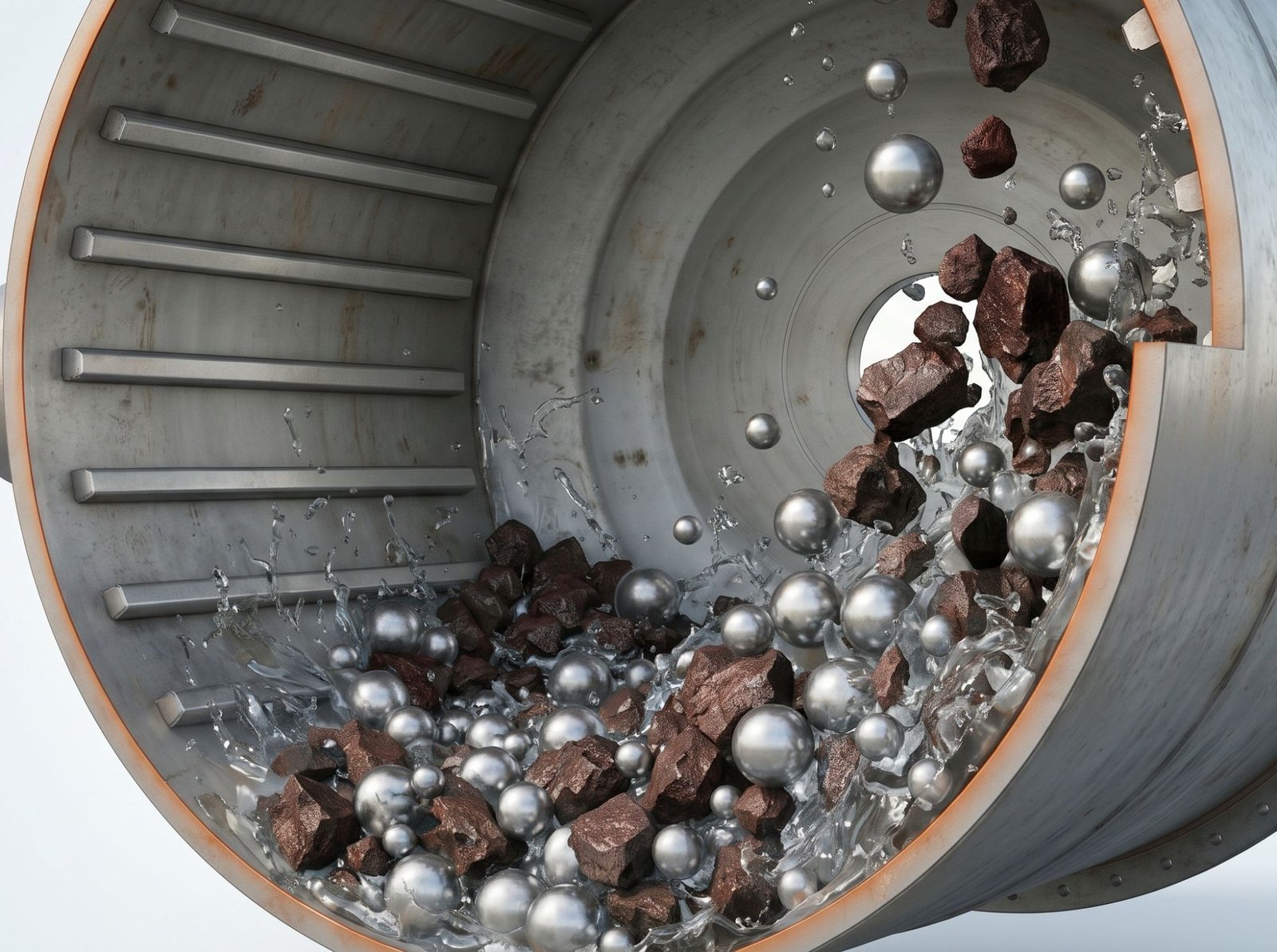 Cut-away grinding mill with lifters, ore and steel balls