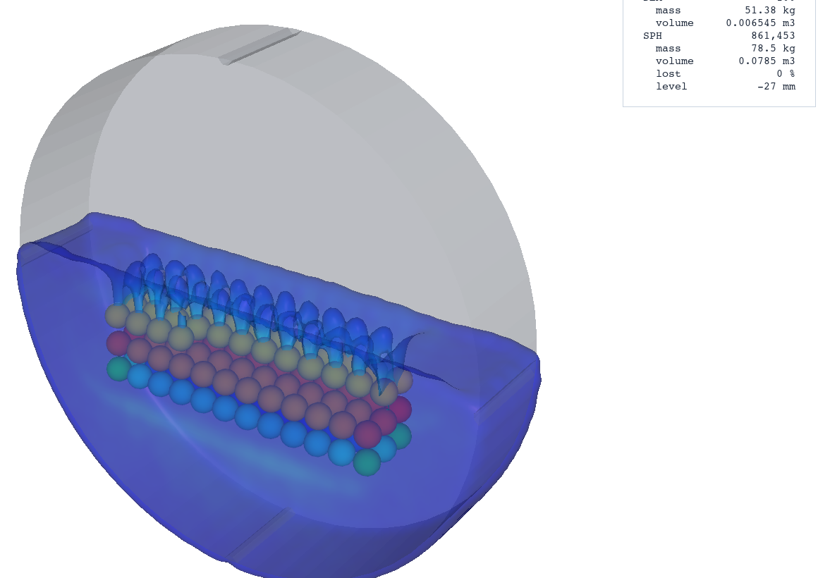 BlazeViewer showing SPH water with DEM steel balls in a drum